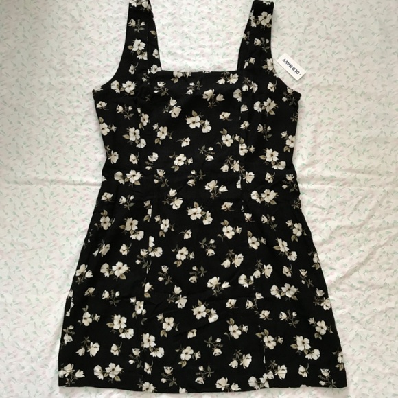 NWT Old Navy Square Neck Linen Blend Mini Dress Black White Floral M Petite - Picture 3 of 14